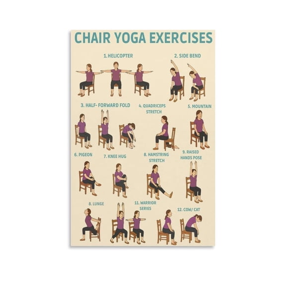 Chair Yoga Exercises Poster Wellness Chart for Seniors Canvas for Living Room Bedroom Decor