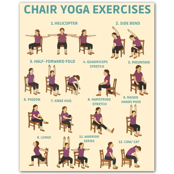 Chair Yoga Poster For Seniors Over 60 Pose Guide, Seated pose chart for senior home fitness