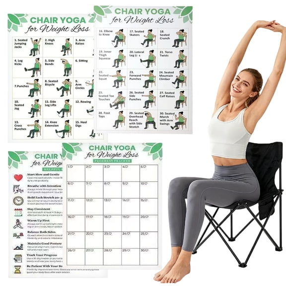 Chair Yoga Posters, 25.4 X 20.3 Cm Gentle Seated Yoga Poster Set for Seniors & Adults, 30-Day Fitness & Health Challenge recorder for Home Gym, Office Desk Stretches, Mobility Improvement, 4 Tables