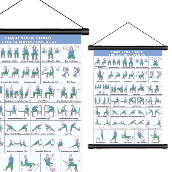 Chair Yoga Wall Chart 32Poses for Seniors & Beginners Fabric Poster with Hanging Rod & Rope Durable, Foldable, and Easy to Display in Home or Office Stretching & Mobility Guide