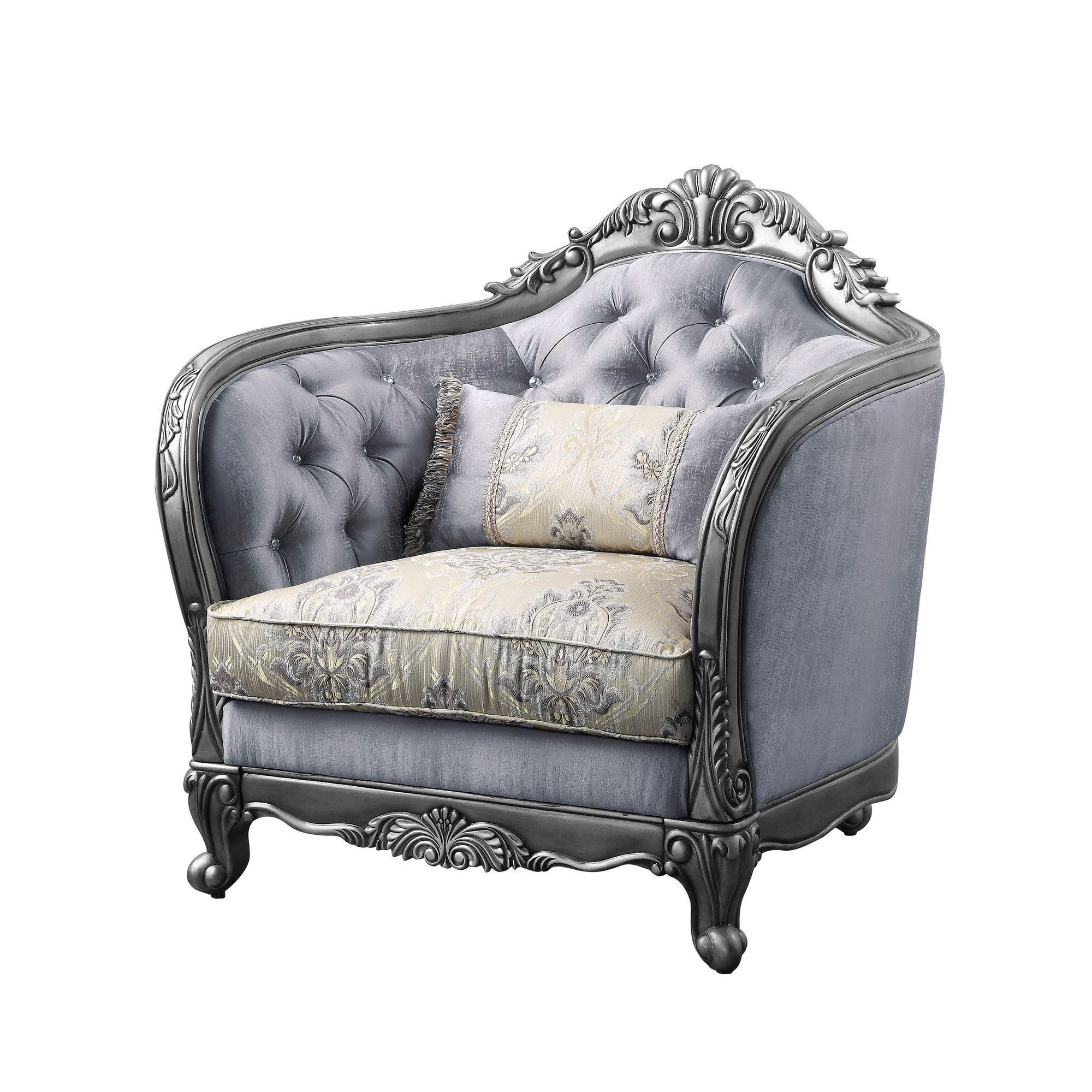 Antique Gray Floral Button-Tufted Faux Leather Armchair