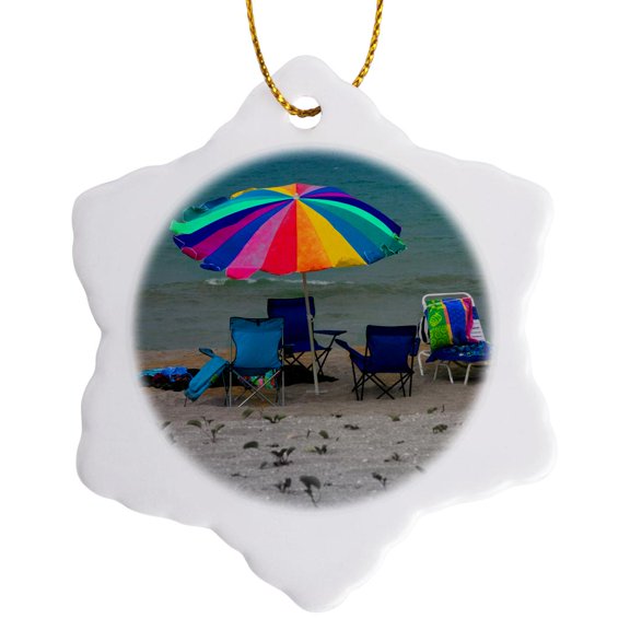 3drose, Chairs and Umbrella on Beach, 3 inch Snowflake Porcelain Ornament