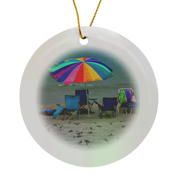 3drose, Chairs and Umbrella on Beach, Circle Porcelain Ornament
