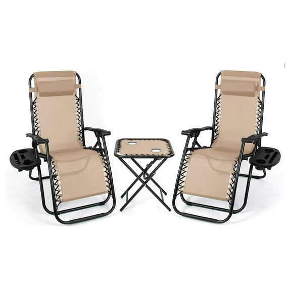 Chairs Outdoor Folding Recliners Adjustable Lawn Patio Lounge Chair with Side Table and Cup Holders for Poolside, Yard and Camping (Beige)