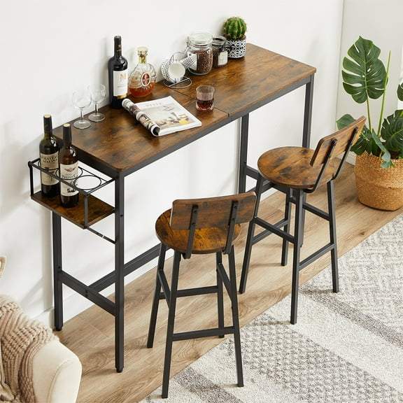 Chairs Set of 2 Bar Bottle Storage, Stool with backrest,Brown and Black, 47.24'' L x 15.75'' W x 35.43'' H, Pub Table Set with Wine Rack