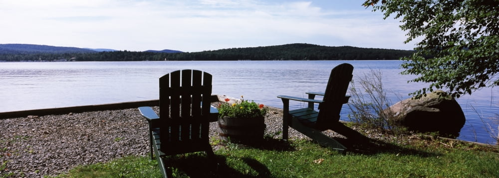 Chairs at the lakeside Raquette Lake Adirondack Mountains New York State USA Canvas Art - Panoramic Images (27 x 9)