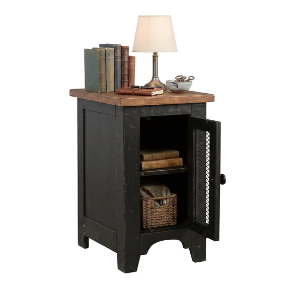 Chairside End Table With Storage, Small Sideboard Cupboard Accent Table For Living Room Bedroom, Wire Mesh Door Organizer Stand, Rustic Farmhouse Style, Brown And White, 1 Piece