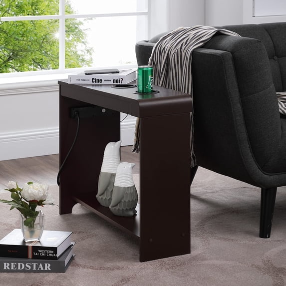 Naomi Home Jade Modern Nightstand with Charging Station | End Table with USB Ports & Outlets | Narrow Side Table for Bedroom & Living Room -Espresso
