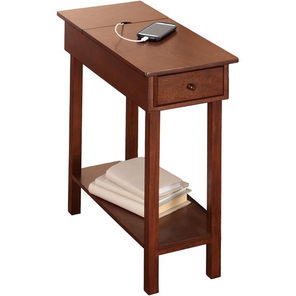 Chairside Table with USB Power Strip, 11-in. Wide, Brown Wood Finish