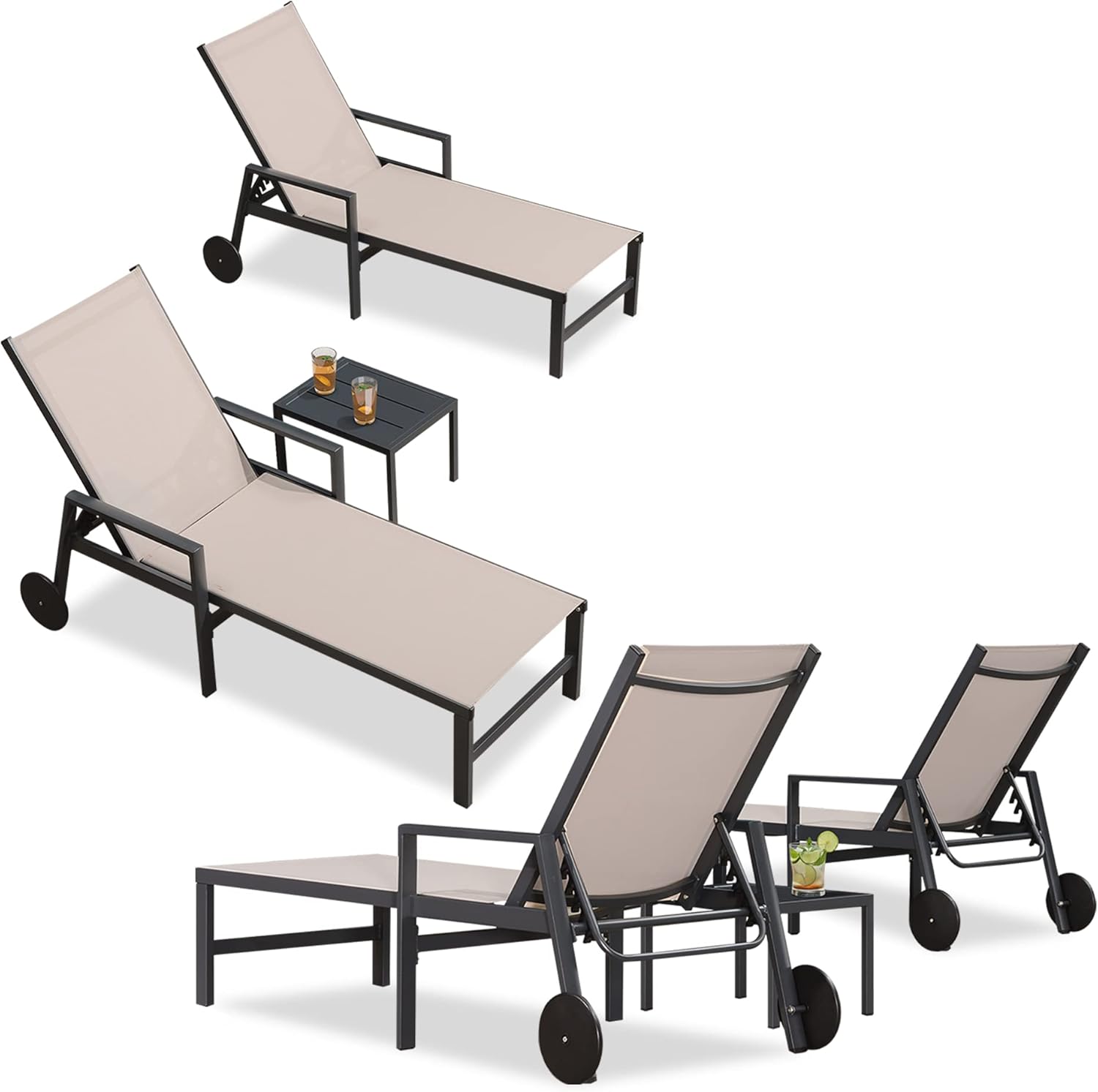 Chaise Lounge 4 Pieces Aluminum Recliner Chair with Wheels and Armrests