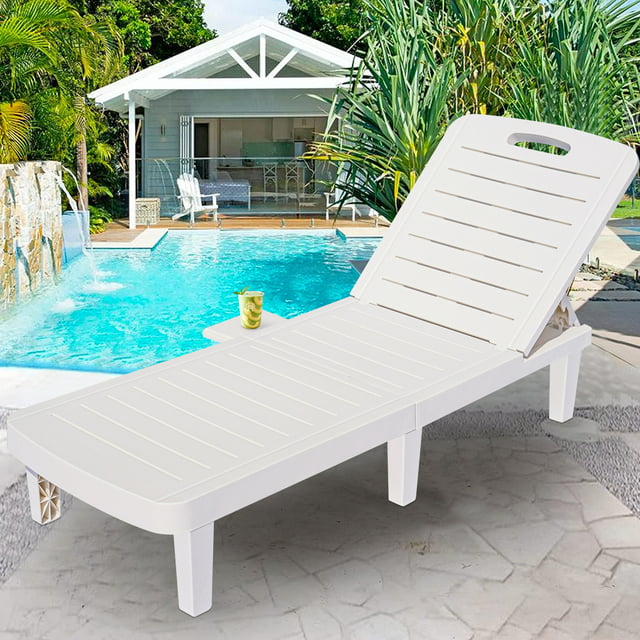 Chaise Lounge for Beach, Patio Furniture Single Outdoor Chaise Lounge Chair with Adjustable Backrest/Retractable Tray, Plastic Reclining Lounge Chair for Backyard, Porch, Pool, Max Holds 330LBS, L4555