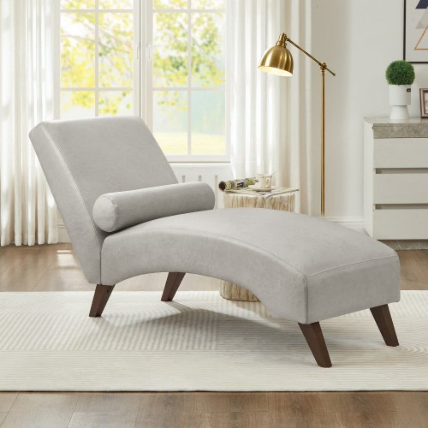 Chaise Lounge Chair with Bolster Pillow, Modern Curved Lounge Chair in Premium Tech Fabric, Upholstered Reading Chaise for Living Room & Bedroom, Wooden Legs, 400 lbs Capacity, Gray