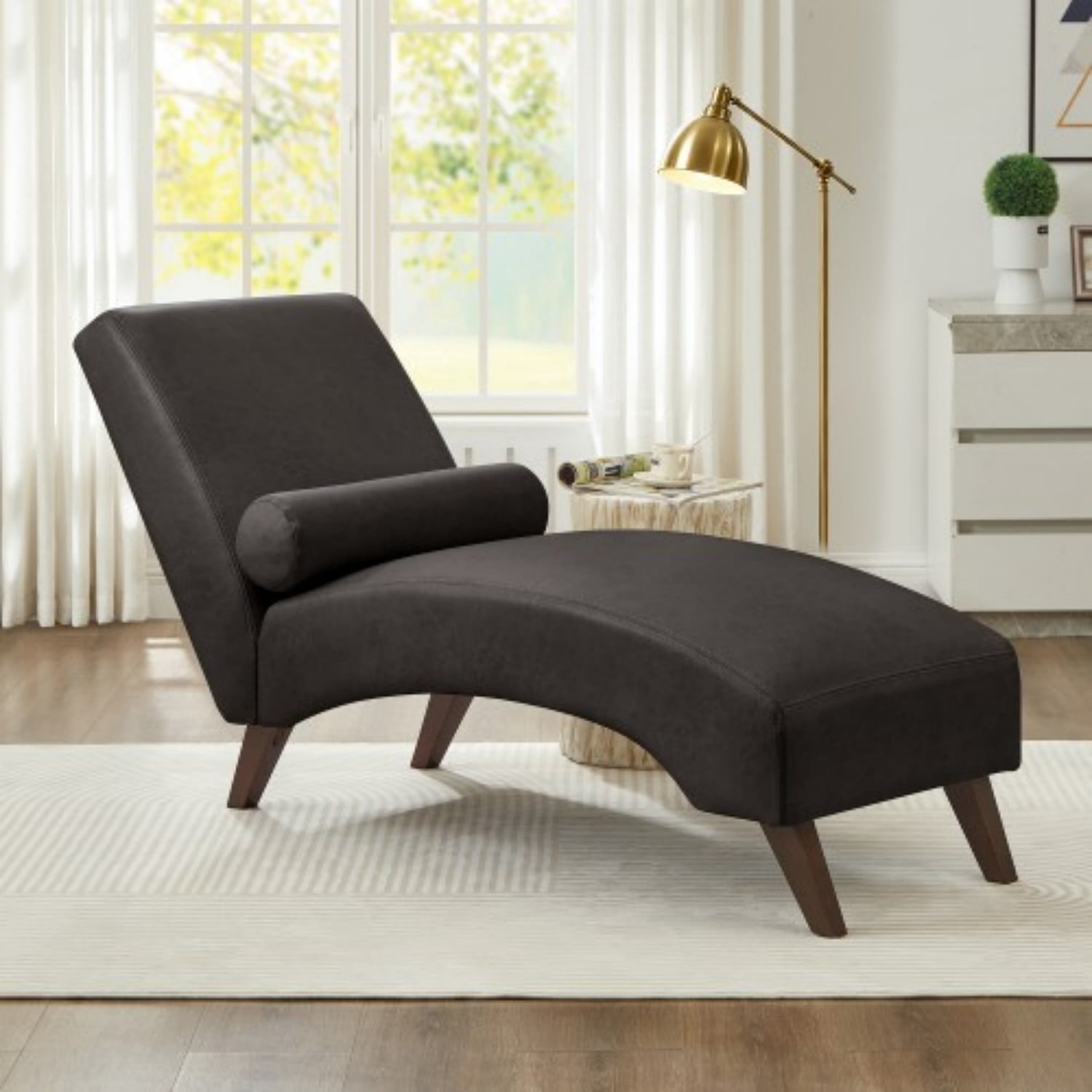 Chaise Lounge Chair with Bolster Pillow, Modern Curved Lounge Chair in Premium Tech Fabric, Upholstered Reading Chaise for Living Room & Bedroom, Wooden Legs, 400 lbs Capacity, Dark Gray