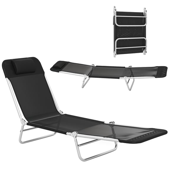 Chaise Lounge Chair, Folding Portable Tanning Bed with 5-Position Adjustable Backrest and Pillow, Steel Frame and Fast-Drying Mesh Fabric, Black, for Beach, Poolside and Patio Use