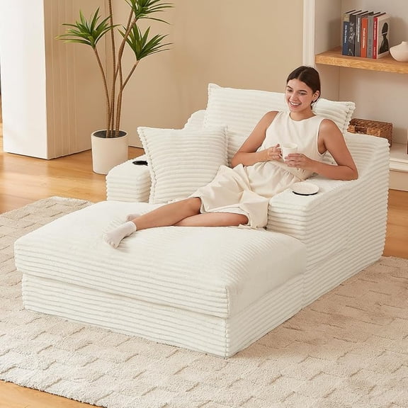 Chaise Lounge Chair Indoor, 47'' Oversized Sleeper Chair with Cup Holders & Side Pockets, Upholstered Sofa Bed for Living Room, Boneless Chaise Lounge, Reading Chairs for Adults (Beige)