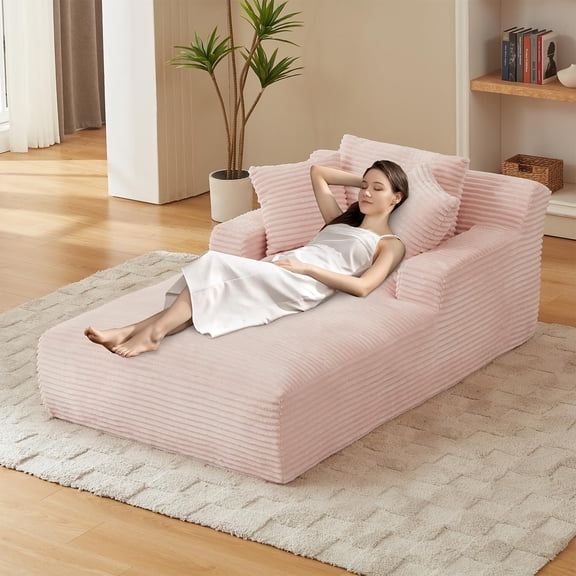 Chaise Lounge Chair Indoor, 50 Inch Oversized Corduroy Upholstered Boneless Sofa Bed, Deep Seat Sleeper Couch Reading Chairs, Cloud Sofas Couches for Living Room (Pink)
