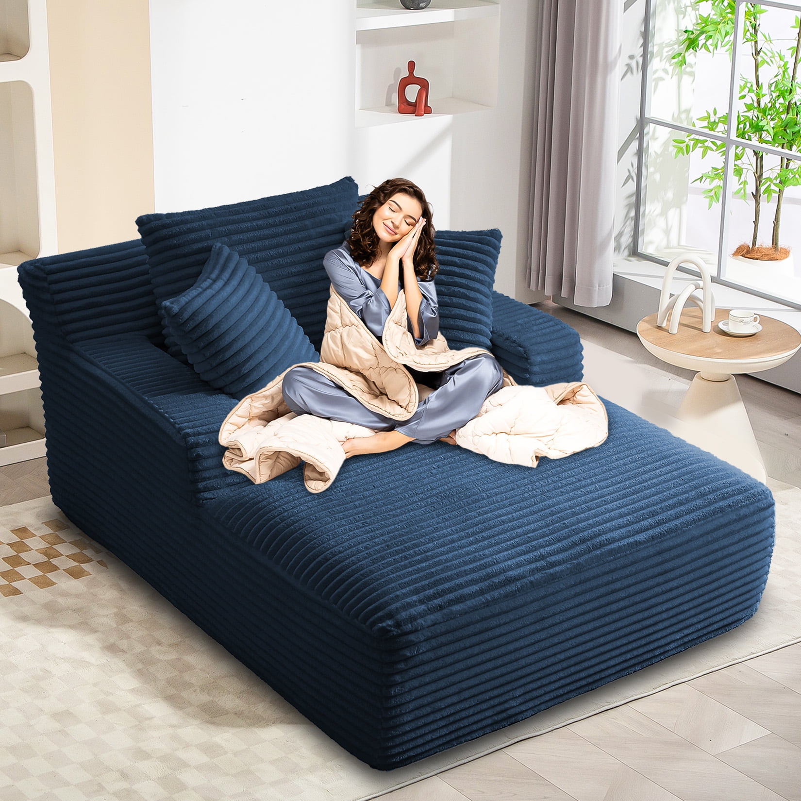 Chaise Lounge Chair Indoor, 50'' Upholstered Sofa Bed with 2 Throw Pillows, Comfy Lounge Indoor, Sleeper Reading Chair, Oversized Recliner Sofa, Fluffy Couch (Blue)