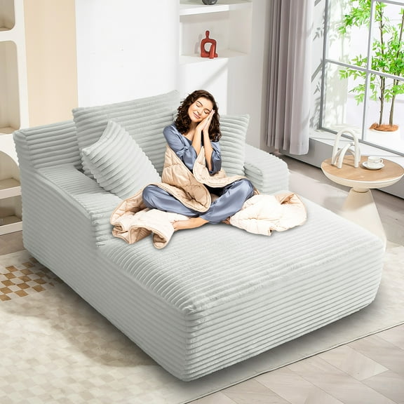 Chaise Lounge Chair Indoor, 50'' Upholstered Sofa Bed with 2 Throw Pillows, Comfy Lounge Indoor, Sleeper Reading Chair, Oversized Recliner Sofa, Fluffy Couch (Blue)