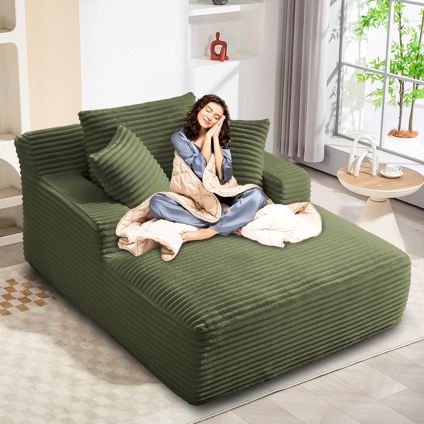 Chaise Lounge Chair Indoor, 50'' Upholstered Sofa Bed with 2 Throw ...