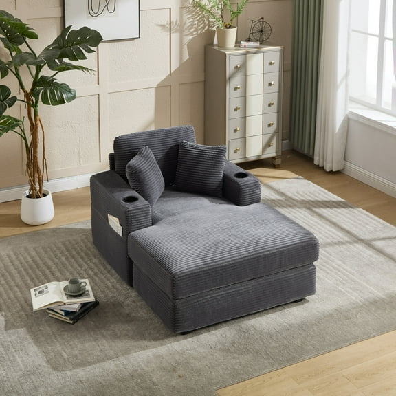 Chaise Lounge Chair Indoor, 57" Long Sleeper Couch with Dual Cup Holders, Upholstered Corduroy Sofa Bed Reading Chair for Living Room, Grey