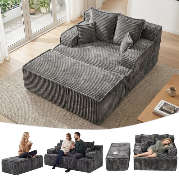 Chaise Lounge Chair Indoor,Boneless Chair with Ottoman,Small Sofa Bed Couch,Grey