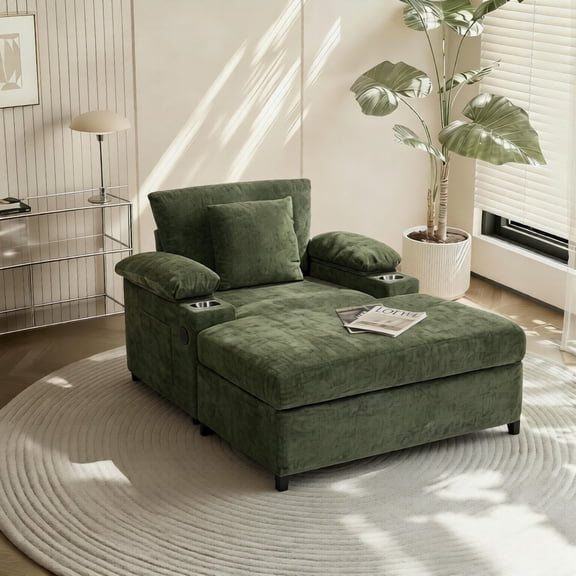 Chaise Lounge Chair Indoor, Chenille Single Reading Chair with Armrest Storage and USB, Cup Holders, Green