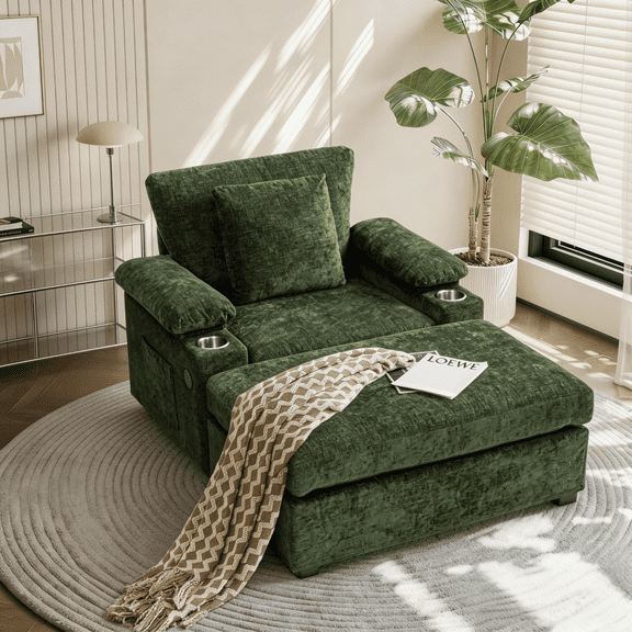 CAPCAEK Chaise Lounge Chair Indoor, Chenille Comfy Reading Chair with Ottoman, Storage and USB, for Living Room, Green