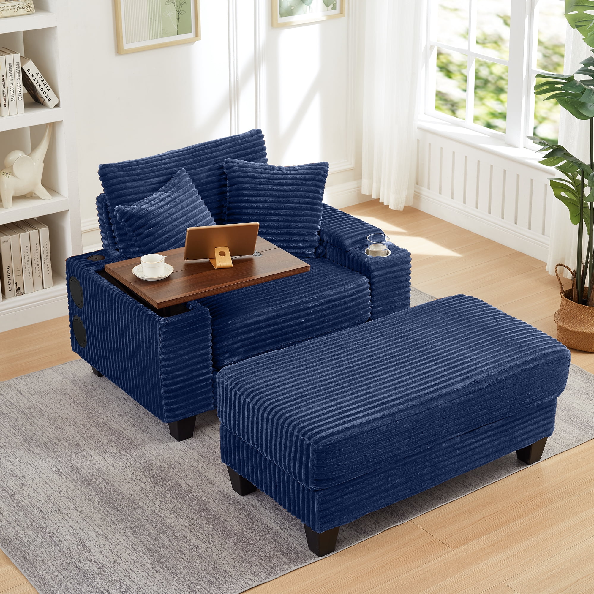 Chaise Lounge Chair Indoor,Corduroy Single Upholstered Sofa Bed with Ottoman,Cup Holder & USB Ports,180°Rotating Table Board for Living Room,Bedroom,Apartment,Blue