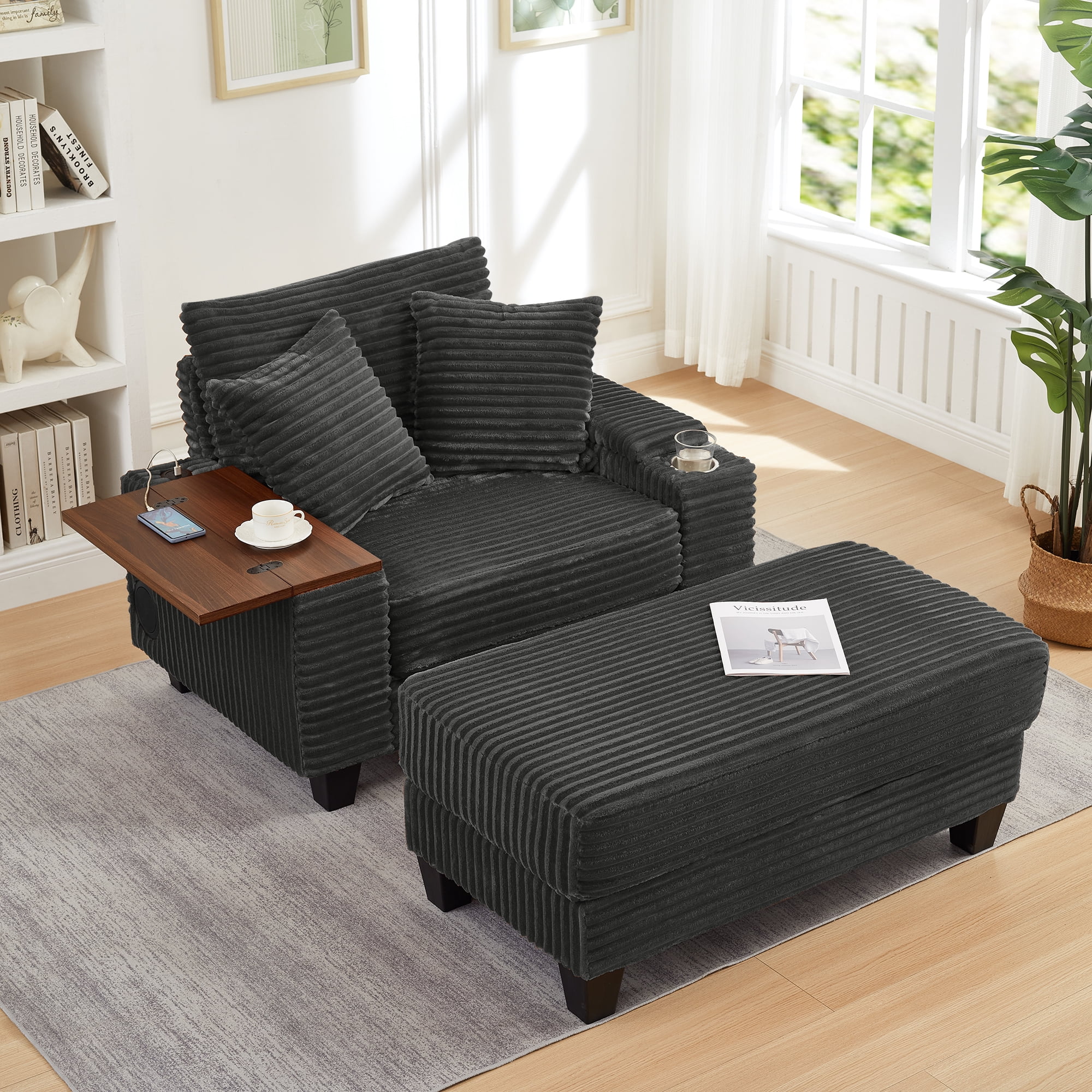 Chaise Lounge Chair Indoor,Corduroy Single Upholstered Sofa Bed with Ottoman,Cup Holder & USB Ports,180°Rotating Table Board for Living Room,Bedroom,Apartment,Dark Gray