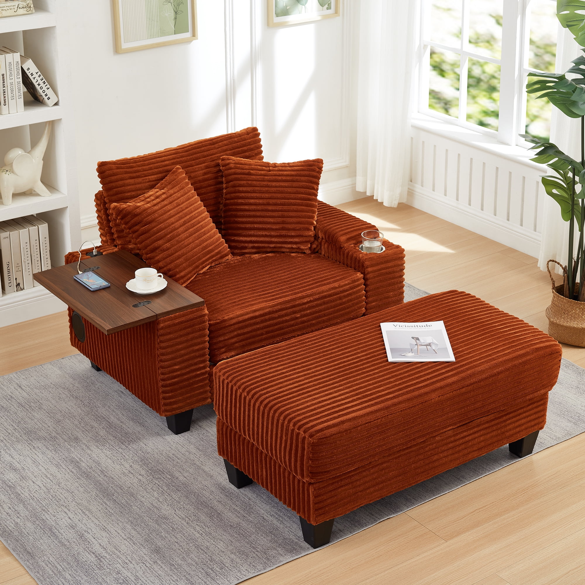 Chaise Lounge Chair Indoor,Corduroy Single Upholstered Sofa Bed with Ottoman,Cup Holder & USB Ports,180°Rotating Table Board for Living Room,Bedroom,Apartment,Orange