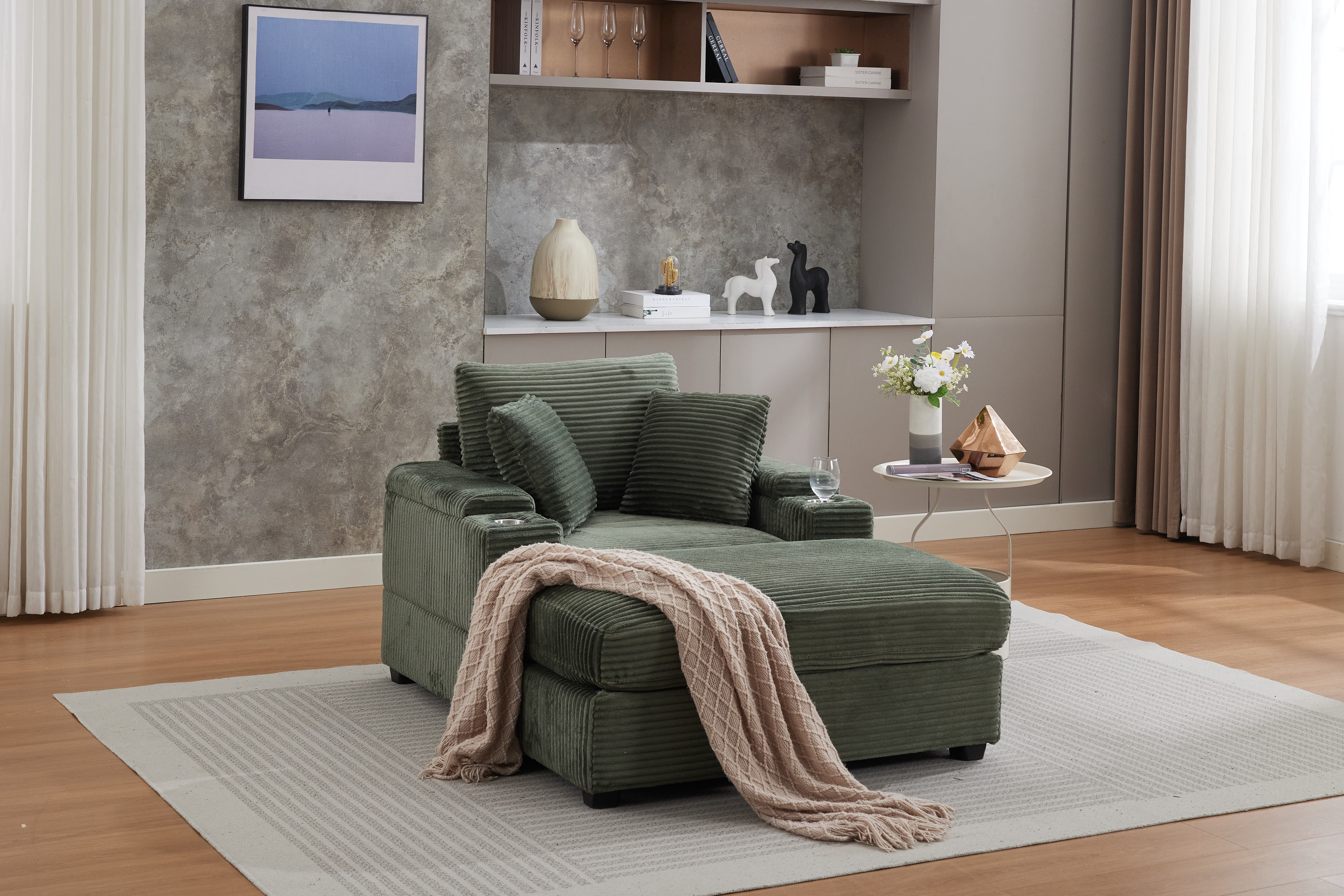 Chaise Lounge Chair Indoor Furniture, Corduroy Upholstered Chaise Lounge Sofa, Deep Seat Sofa with Handrail storage and Cupholders, Movable ottoman, Detachable Cushions for Living Room Bedroom,Green