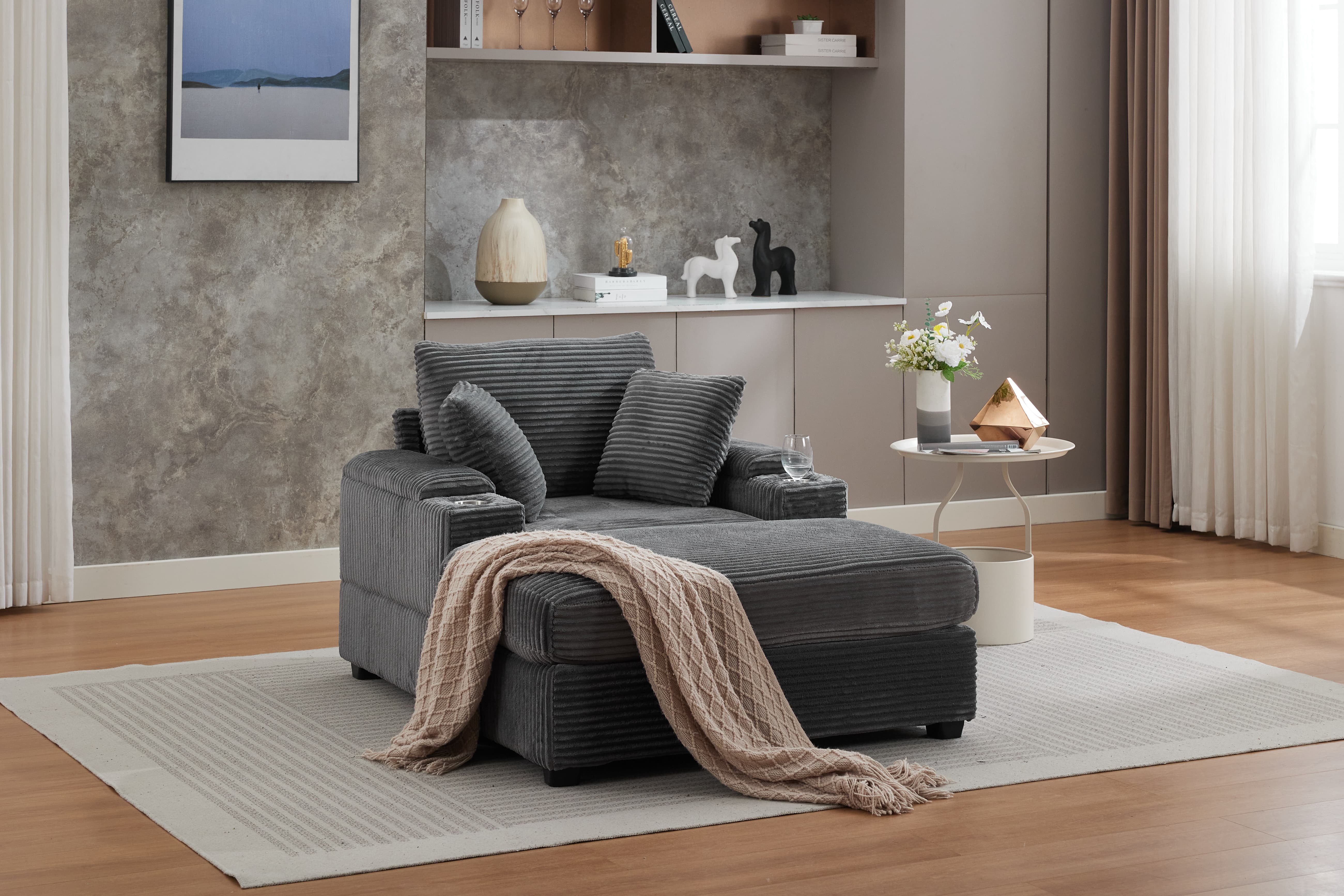 Chaise Lounge Chair Indoor Furniture, Corduroy Upholstered Chaise Lounge Sofa, Deep Seat Sofa with Handrail storage and Cupholders, Movable ottoman, Detachable Cushions for Living Room Bedroom,Grey