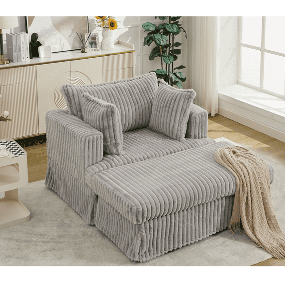 Chaise Lounge Chair Indoor with Ottoman, 47.8'' Deep Seat Sleeper Chair with 2 Pillows, Corduroy Upholstered Comfy Reading Chair for Bedroom, Living Room, Office, Light Grey