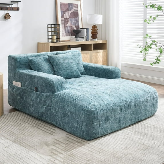 Chaise Lounge Chair Indoor, Oversized Boneless Sleeper Sofa Bed with 3 Pillows and Storage Pockets,Comfy Chenille Cloud Couch,Modern Deep Seat Reading Chair for Living Room