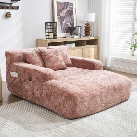 Chaise Lounge Chair Indoor, Oversized Boneless Sleeper Sofa Bed with 3 Pillows and Storage Pockets,Comfy Chenille Cloud Couch,Modern Deep Seat Reading Chair for Living Room