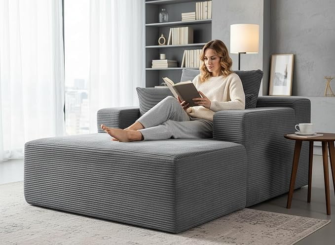 Chaise Lounge Chair Indoor – Oversized Corduroy Couch with Wide Armrest & Throw Pillows, Cozy Boneless Sleeper Sofa Bed Armchair