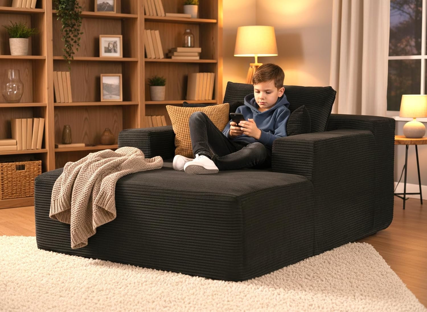 Chaise Lounge Chair Indoor – Oversized Corduroy Couch with Wide Armrest & Throw Pillows, Cozy Boneless Sleeper Sofa Bed Armchair