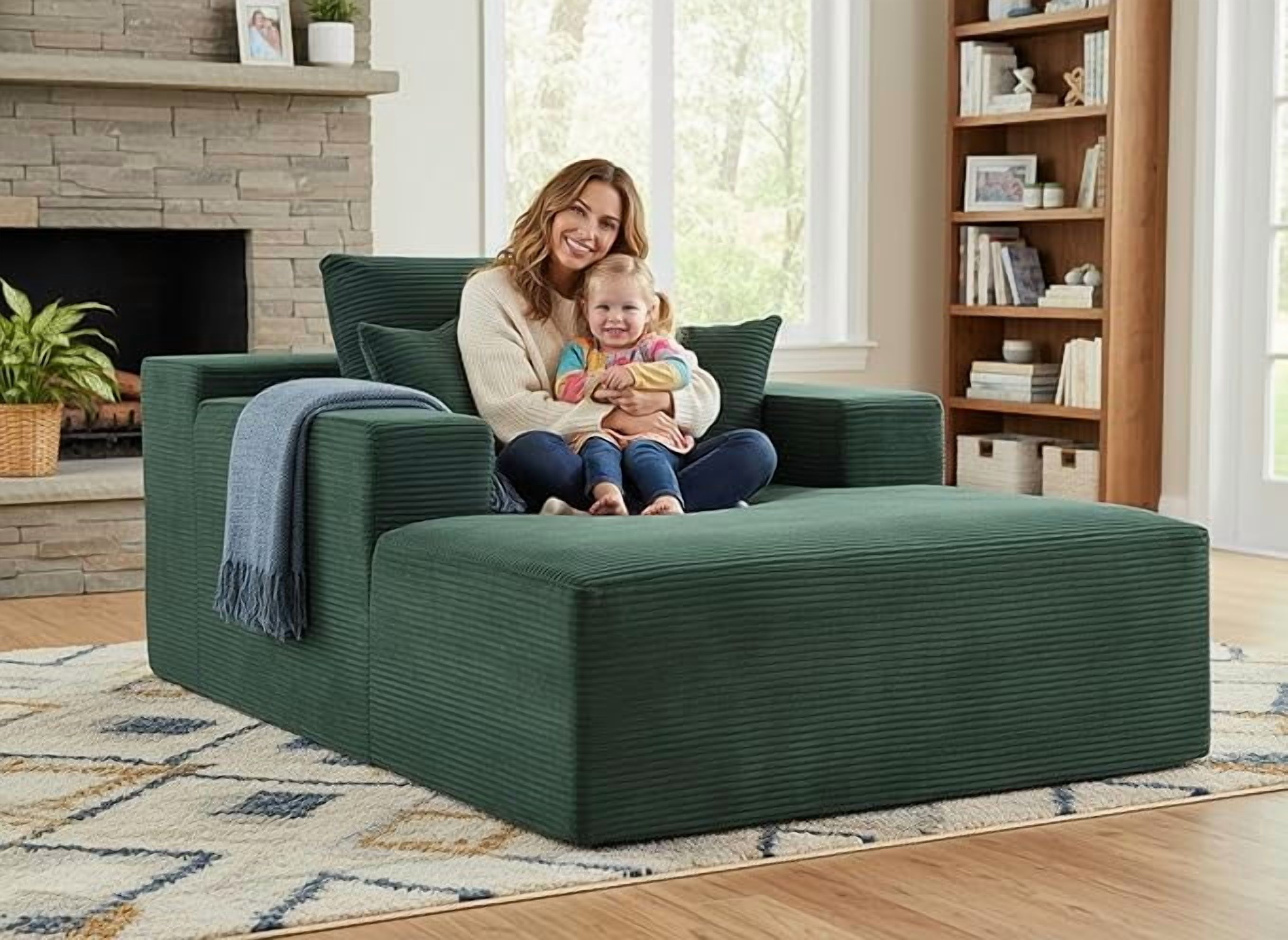 Chaise Lounge Chair Indoor – Oversized Corduroy Couch with Wide Armrest & Throw Pillows, Cozy Boneless Sleeper Sofa Bed Armchair
