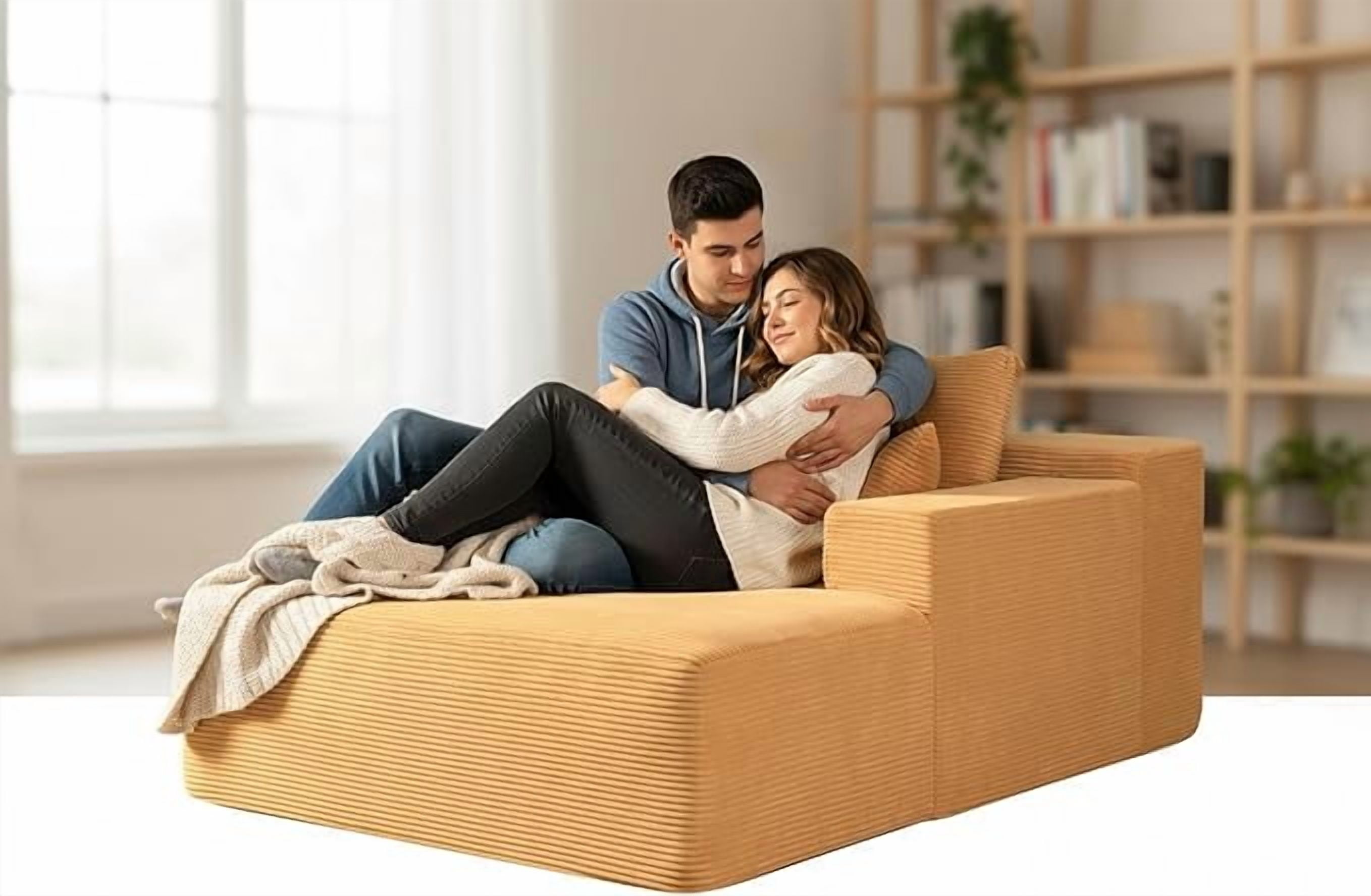 Chaise Lounge Chair Indoor – Oversized Corduroy Couch with Wide Armrest & Throw Pillows, Cozy Boneless Sleeper Sofa Bed Armchair
