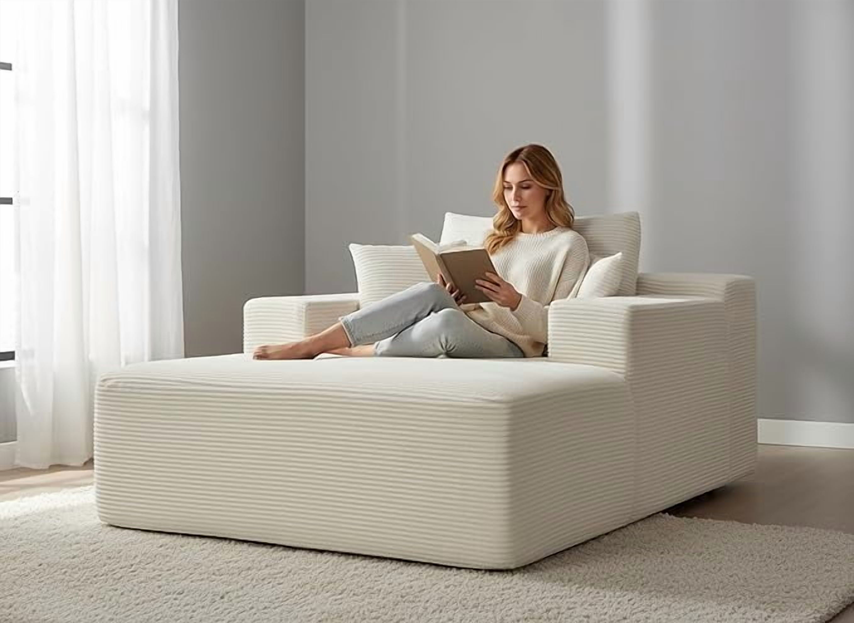 Chaise Lounge Chair Indoor – Oversized Corduroy Couch with Wide Armrest & Throw Pillows, Cozy Boneless Sleeper Sofa Bed Armchair