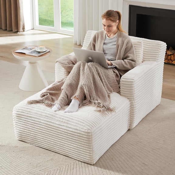 Chaise Lounge Chair Indoor, Upholstered Corduroy Single Lounge Sofa Couch, Comfy Reading Recliner Sleeper Sofa Chair Bed with Armrests and Pillows for Bedroom, Living Room (White)