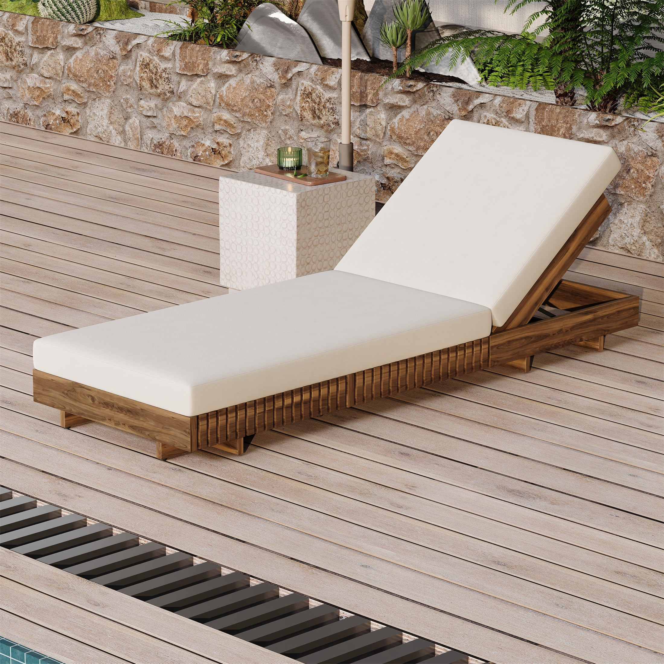 Chaise Lounge Chair, Outdoor 6-Position Adjustable Backrest Acacia Solid Wood Chair for Patio Garden, Teak