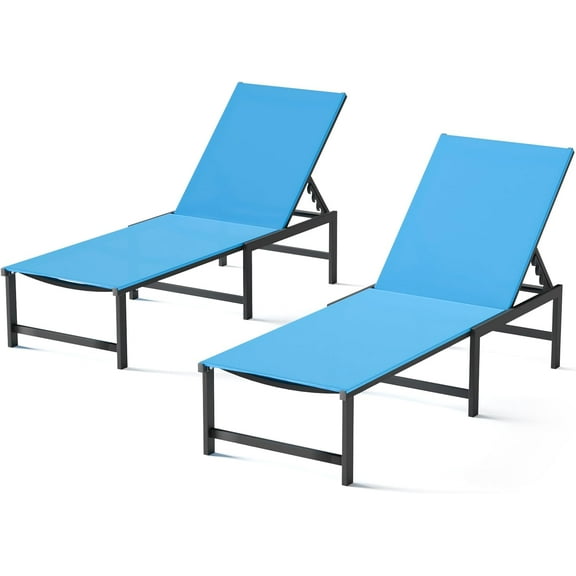 Chaise Lounge Chair Outdoor,Aluminum Patio Lounge Chairs Set of 2, Adjustable 5-Position Recliner and Full Flat Tanning Chair with Pillow for Pool, Outside,Beach,Blue