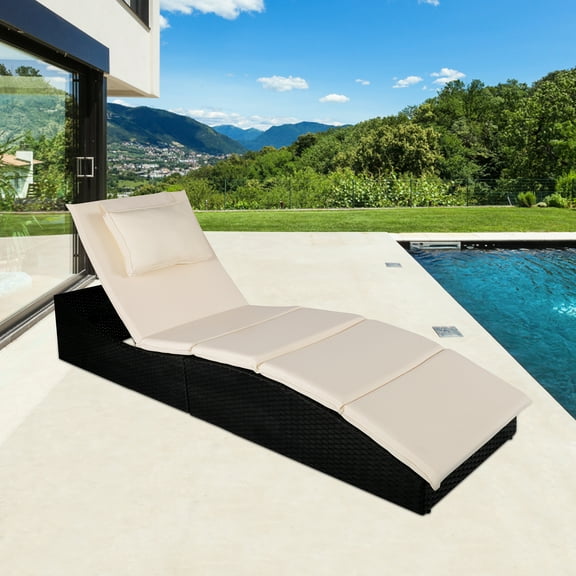 Chaise Lounge Chair Outdoor, Folding Wicker Patio Chaise Lounger with Cushion, All-Weather Adjustable Sun Chaise Lounge Furniture, Reclining Backrest Chaise Lounge for Backyard Pool Porch Garden, K372