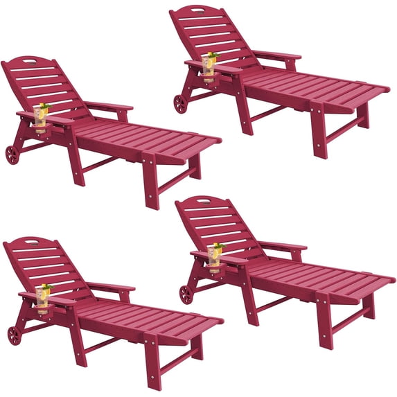 Chaise Lounge Chair Outdoor with Wheels Set of 4, Adjustable 5-Position Chaise Lounge Outdoor with Wood Texture, Patio Lounge Chair for Poolside Backyard, Red