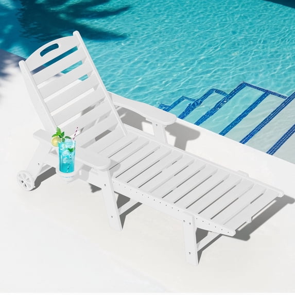 SUUNYN Outdoor Chaise Lounge Chair with Wheels, HDPE Rolling Patio Pool Lounger, White