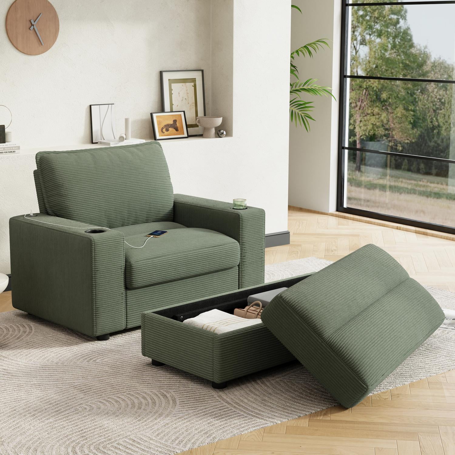 Chaise Lounge Chair, Oversized Sofa Bed with Storage Ottoman and Built-in USB Charging Port, Corduroy Upholstered Sleeper with Dual Cup Holders and Deep Seat, Reading Couch, Green