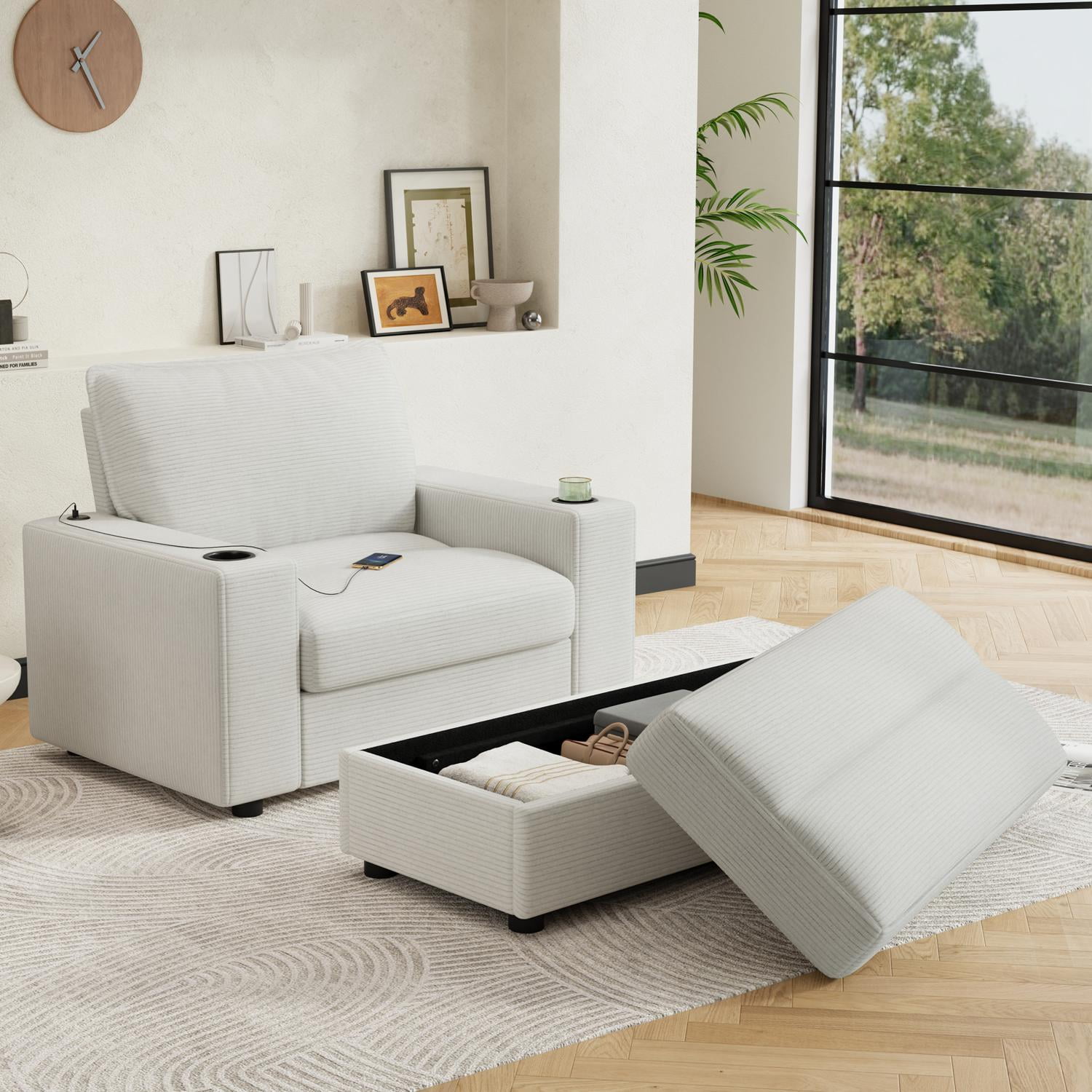 Chaise Lounge Chair, Oversized Sofa Bed with Storage Ottoman and Built-in USB Charging Port, Corduroy Upholstered Sleeper with Dual Cup Holders and Deep Seat, Reading Couch, Beige