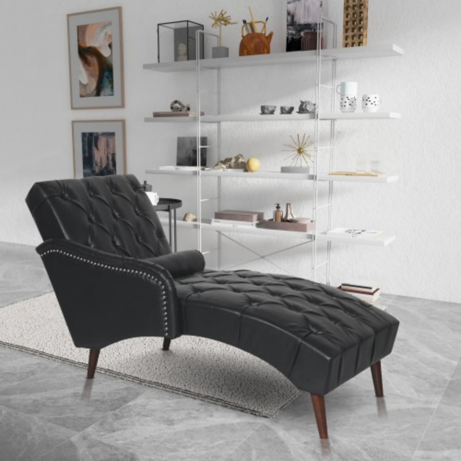 Chaise Lounge Chair with Pillow, Upholstered PU Leather Accent Chair with Tufted Back, Solid Wood Legs & Armrest, Indoor Reading Chaise for Living Room, Bedroom & Office, Black