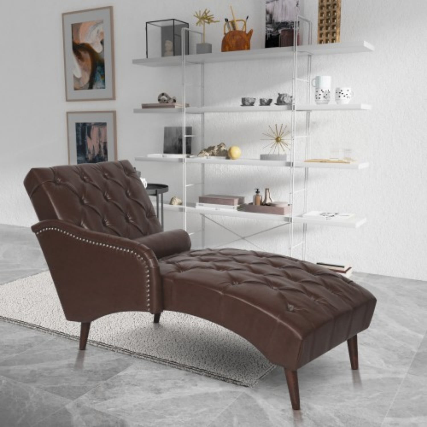 Chaise Lounge Chair with Pillow, Upholstered PU Leather Accent Chair with Tufted Back, Solid Wood Legs & Armrest, Indoor Reading Chaise for Living Room, Bedroom & Office, Dark Brown